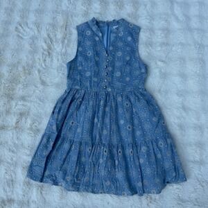 Karlie Blue Cotton Eyelet Tiered Mini Dress Sleeveless Pearl Buttons Womens M